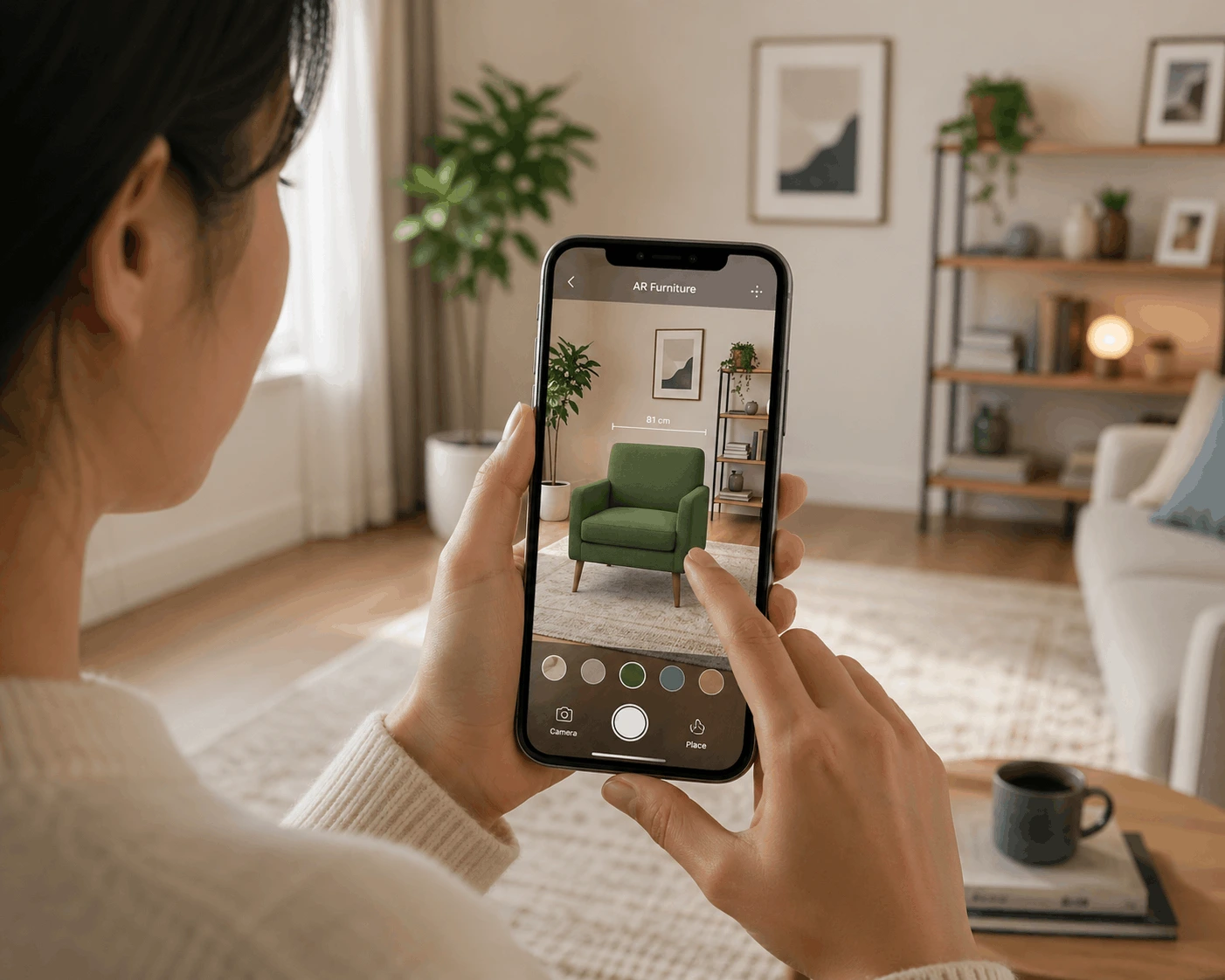 AR app demonstrating augmented reality furniture placement in a living room using a smartphone