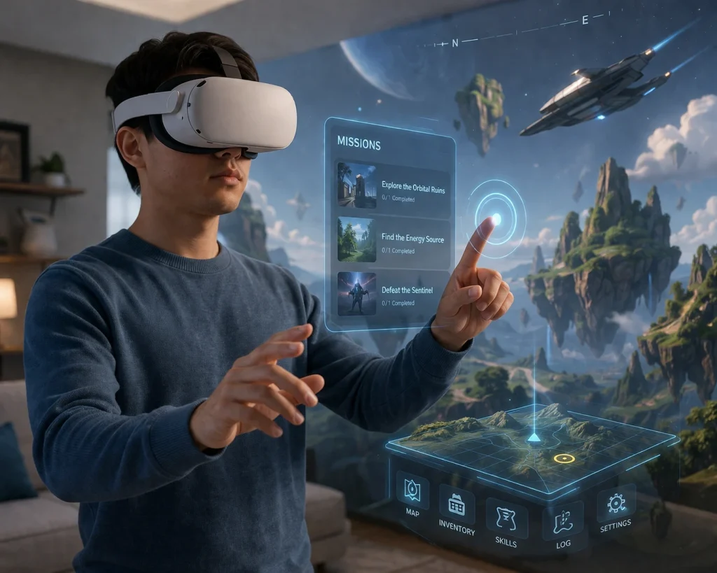 Person wearing Meta Quest VR headset experiencing immersive virtual reality environment